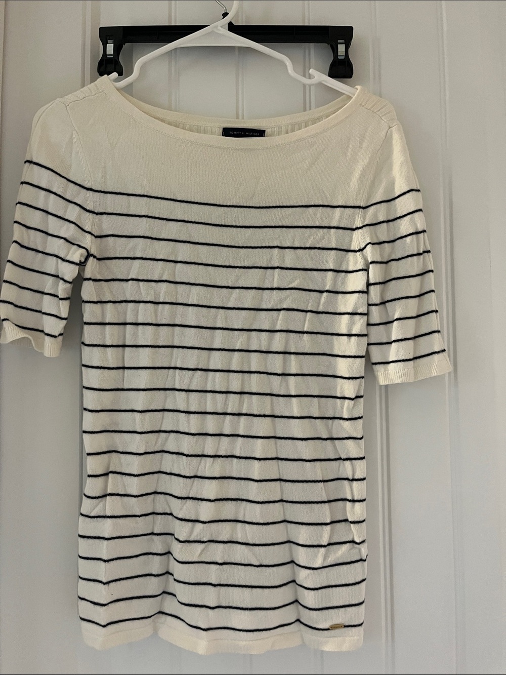 Tommy Hilfiger Ivory Top with Black Stripes - Boatneck Short Sleeve - Picture 1 of 5